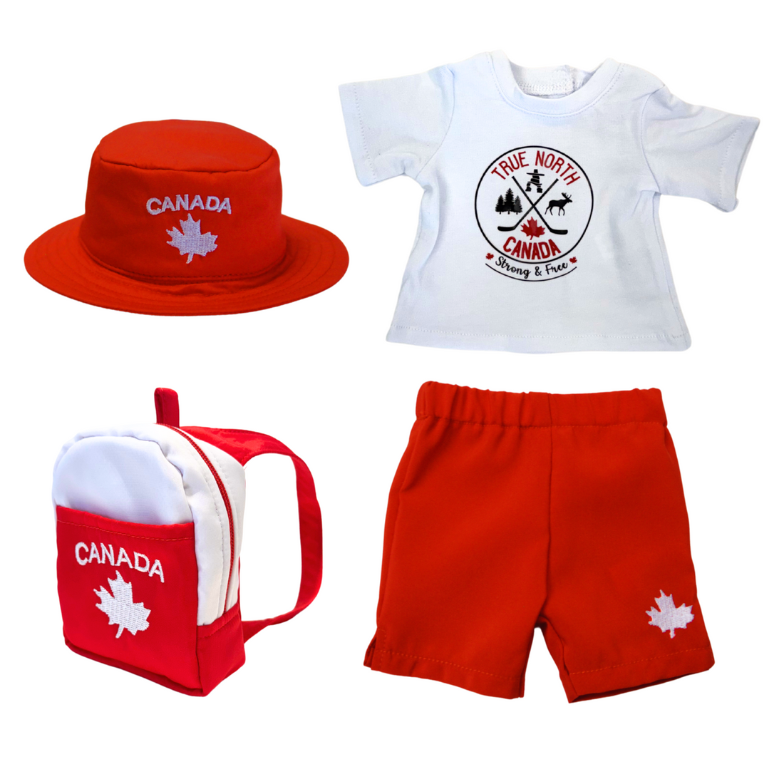 18-inch dolls wearing canadian themed red shorts, bucket hat, shirt with true north strong and free emblem, and backpack with embroidered mapleleaf on Toronto islands.