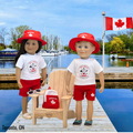 18-inch dolls wearing canadian themed red shorts, bucket hat, shirt with true north strong and free emblem, and backpack with embroidered mapleleaf on Toronto islands.