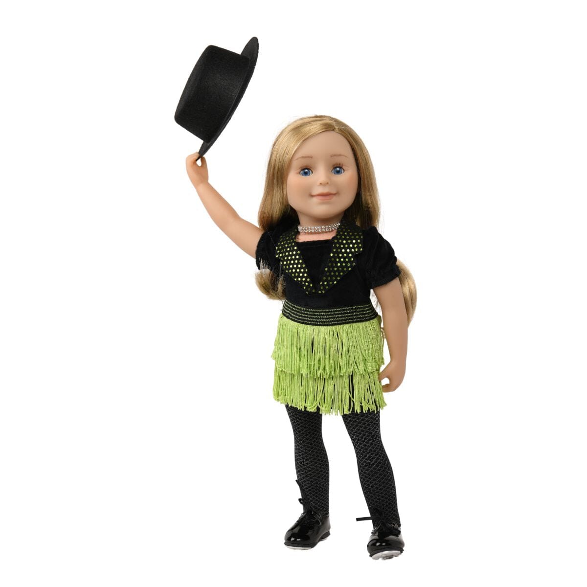blonde doll wearing tap dance outfit with tap shoes