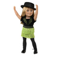black bodysuit, green fringed skirt, black tights, black top hat, sparkly choker and real tap shoes