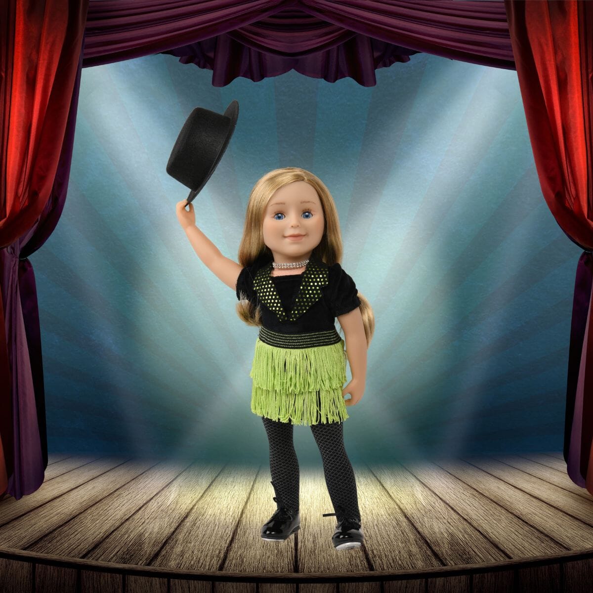 black bodysuit, green fringed skirt, black tights, black top hat, sparkly choker and real tap shoes