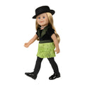 black bodysuit, green fringed skirt, black tights, black top hat, sparkly choker and real tap shoes
