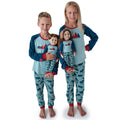 boy, girl and 18 inch dolls in matching family pajamas teal and red bear moose pattern PJs