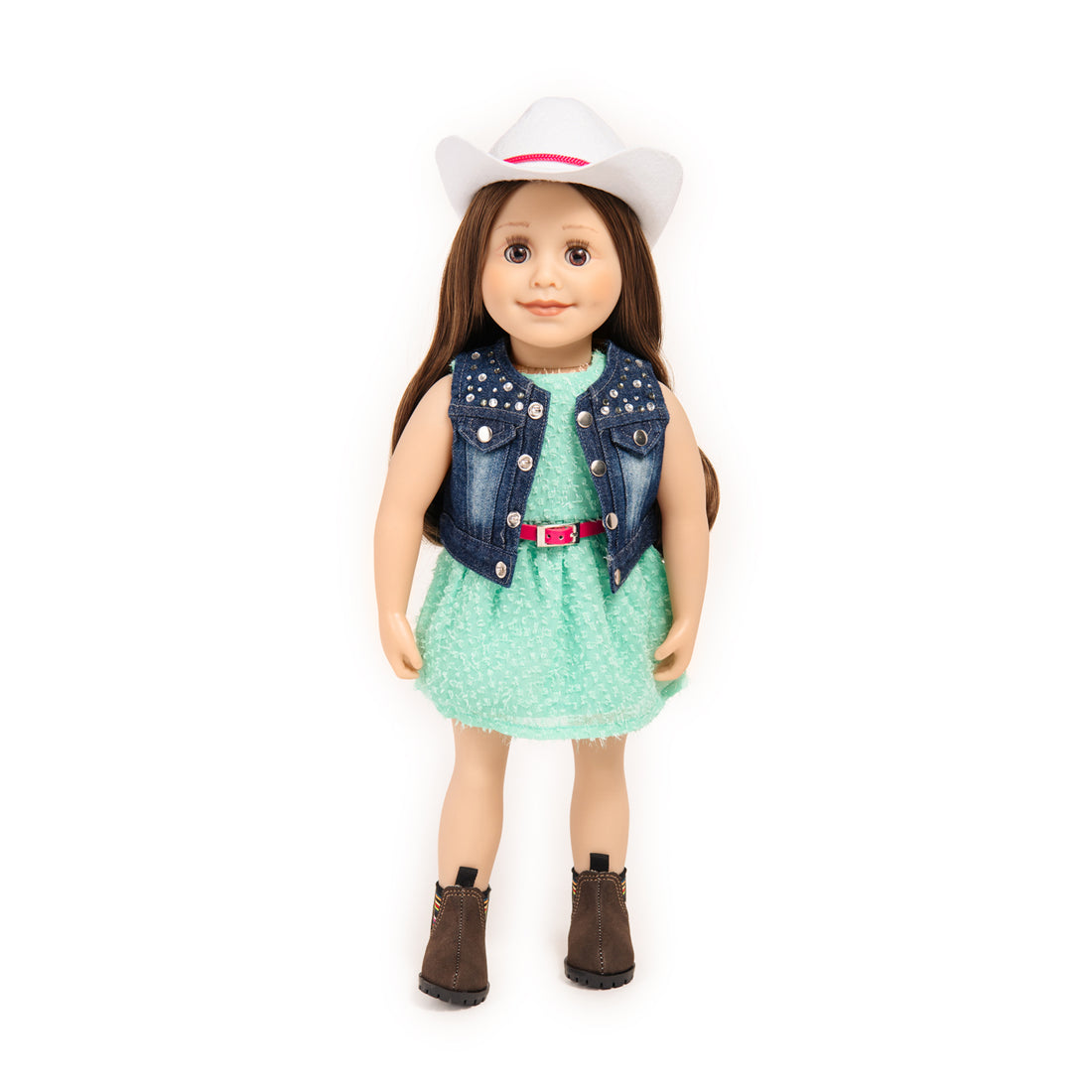 Stampede style outfit includes mint sundress, denim vest, pink patent belt and white cowboy hat