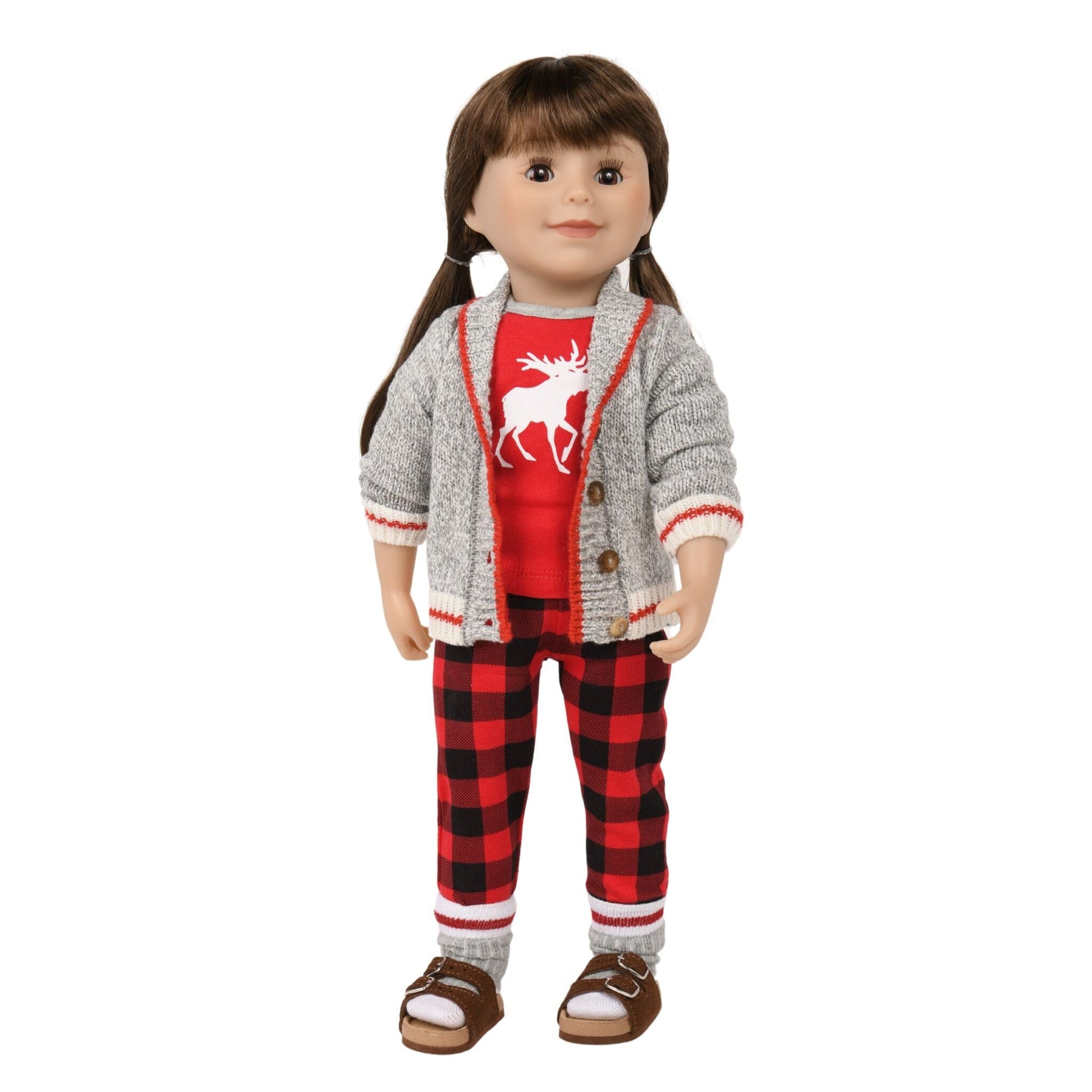 one pair of grey socks with red stripe and pair of red and white maple leaf socks on 18-inch doll