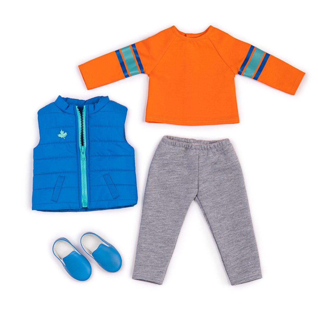 boy doll has short honey blonde hair, blue eyes, and comes in tee, track pants,  vest and shoes.
