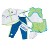 Flash Dash 6-piece running gear set with blue splash pants, white windbreaker with reflective taping, green sleeveless top and running shorts with white athletic socks. Fits all 18 inch dolls.