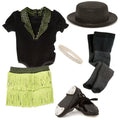 black bodysuit, green fringed skirt, black tights, black top hat, sparkly choker and real tap shoes