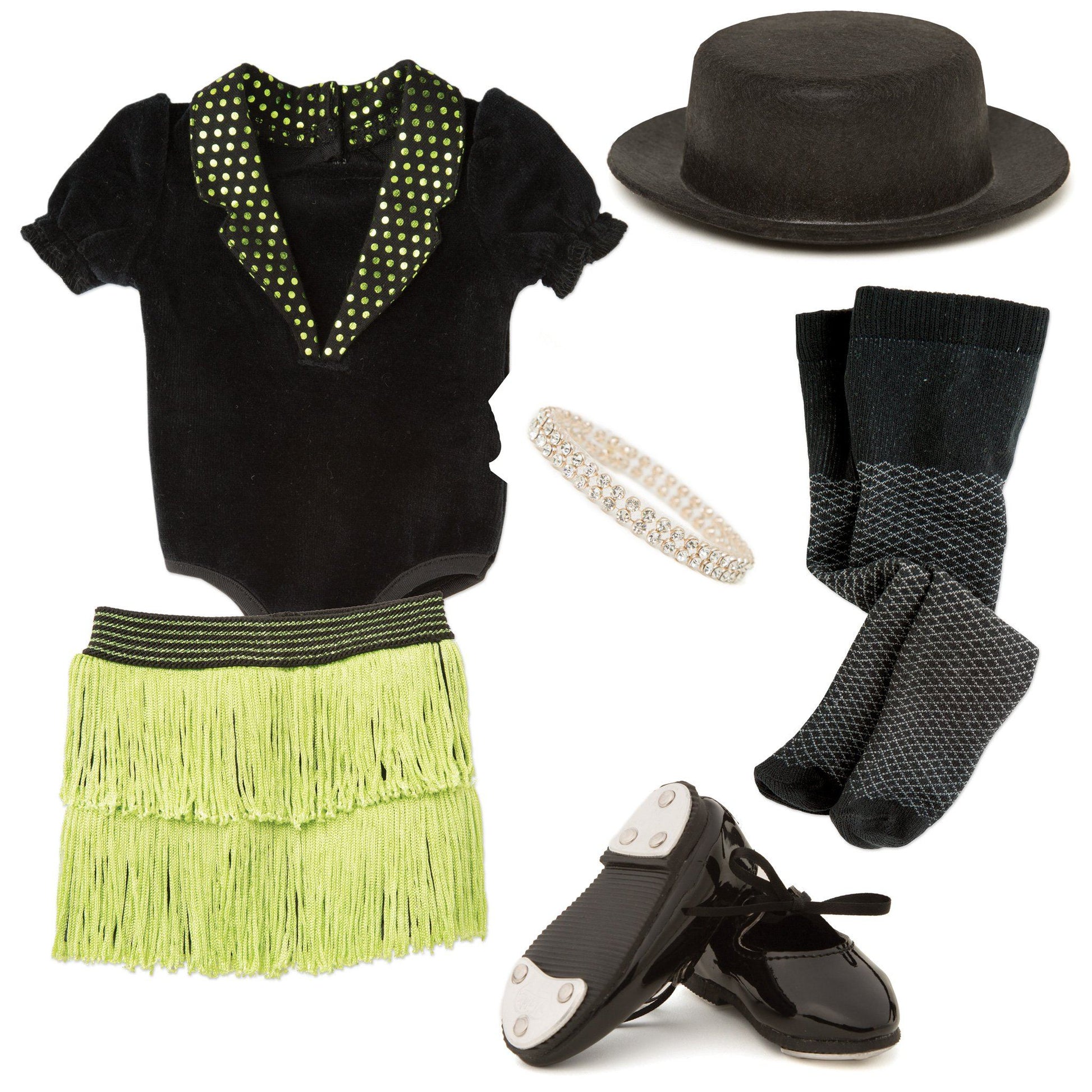 black bodysuit, green fringed skirt, black tights, black top hat, sparkly choker and real tap shoes