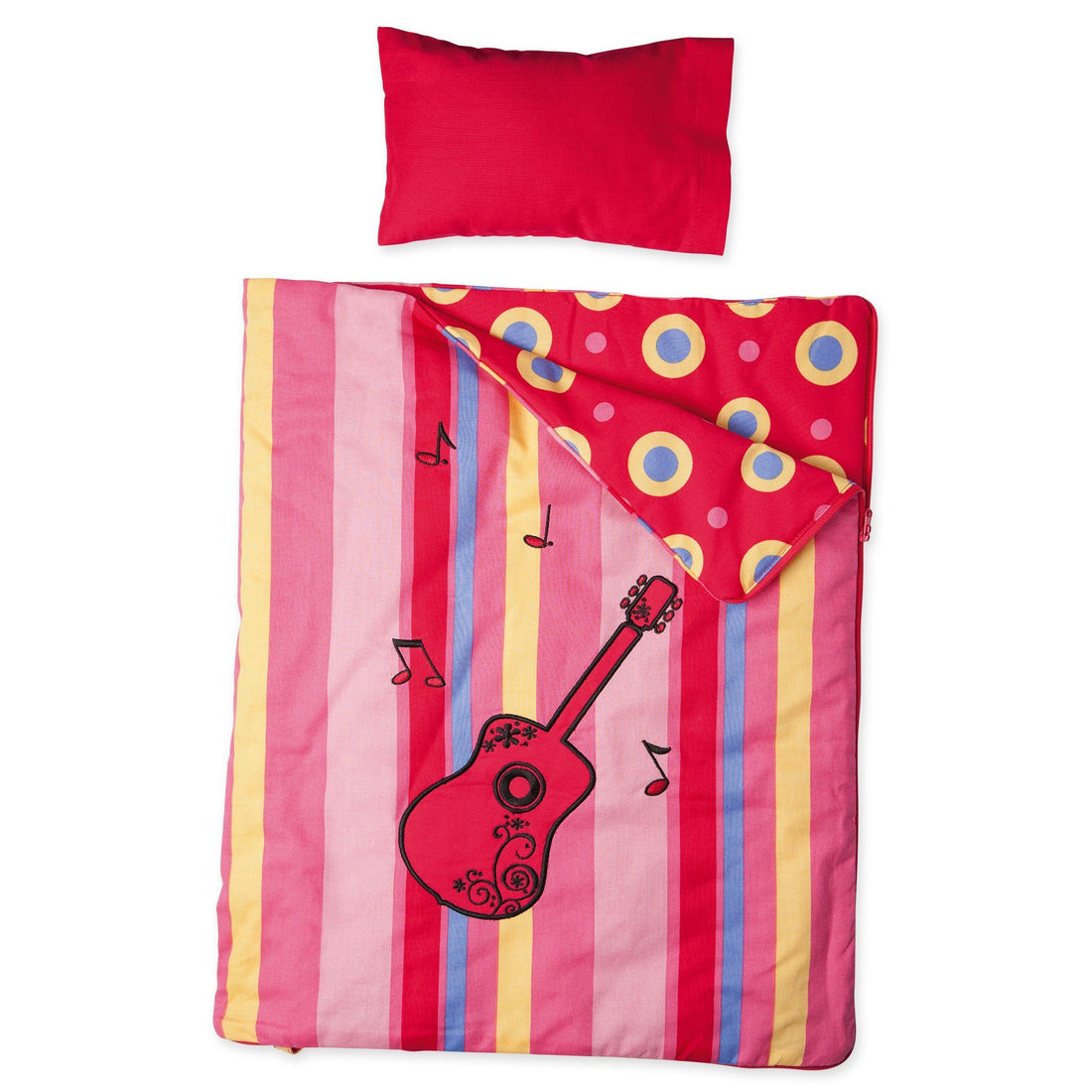 Harmony red guitar-themed doll bedding with mattress, pillow and striped pattern comforter