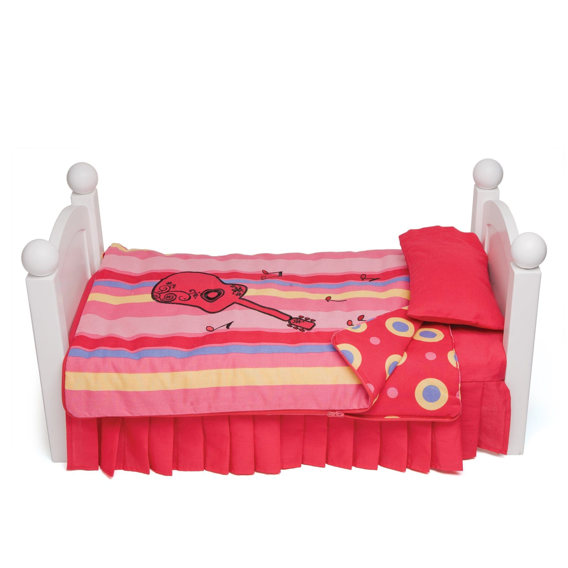 Harmony red guitar-themed doll bedding with mattress, pillow and striped pattern comforter