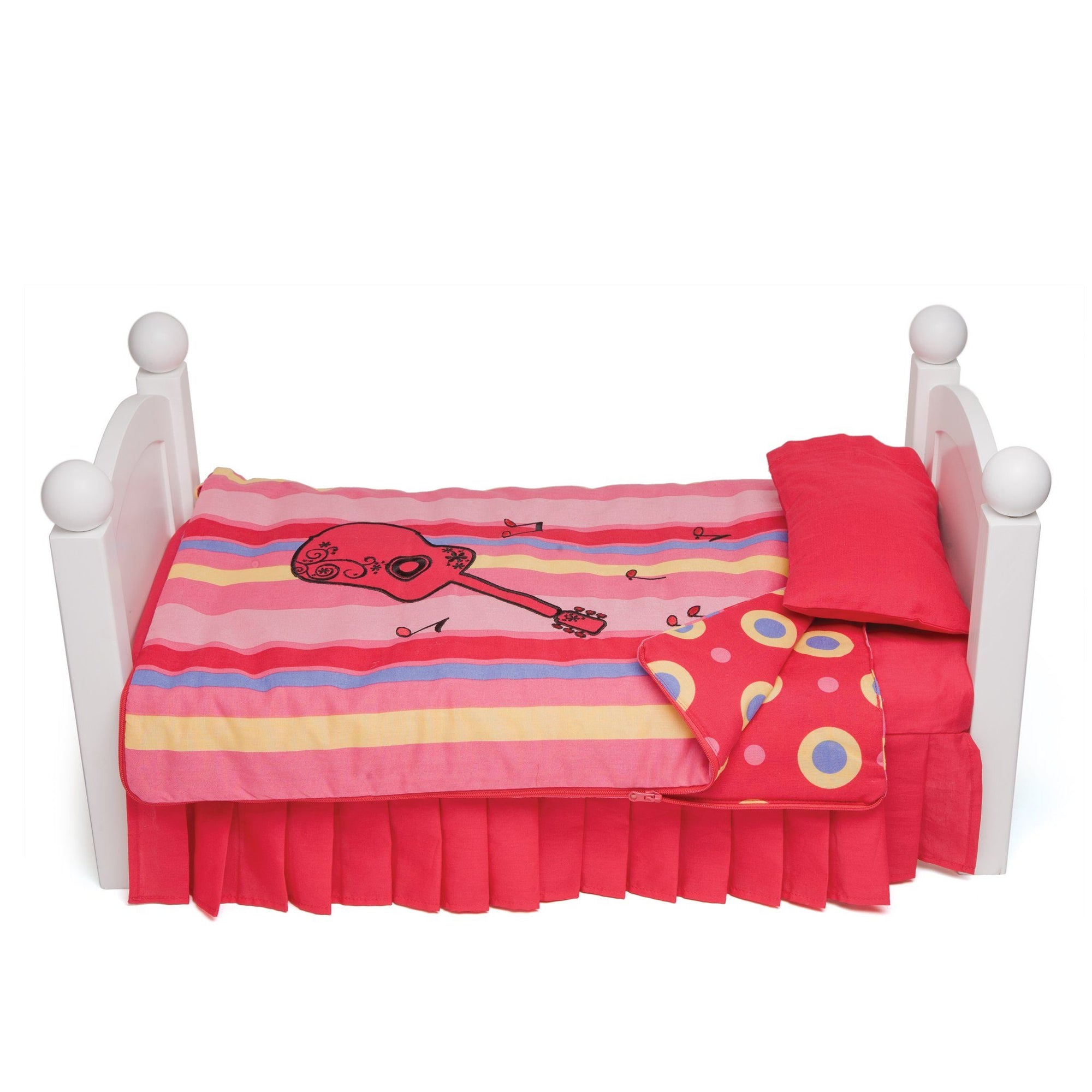 Harmony red guitar-themed doll bedding with mattress, pillow and striped pattern comforter and contrast circle pattern. Converts to sleeping bag. Shown on KM1 Maplelea doll bed, fits all 18 inch dolls. 