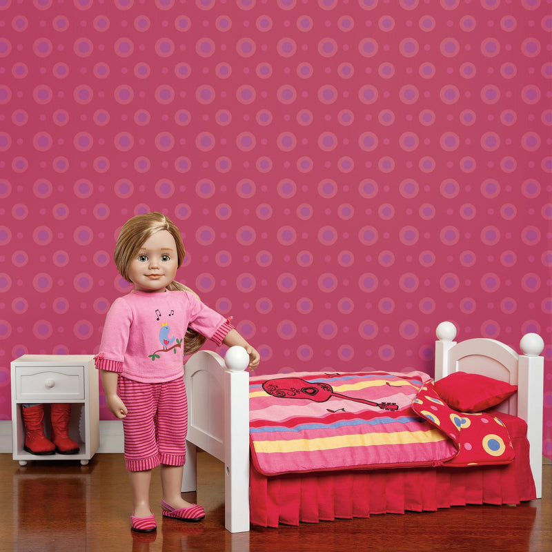 Harmony red guitar-themed bedding with mattress, pillow and striped pattern comforter and contrast circle pattern. Converts to sleeping bag. Shown on KM1 Maplelea doll bed, fits all 18 inch dolls. 