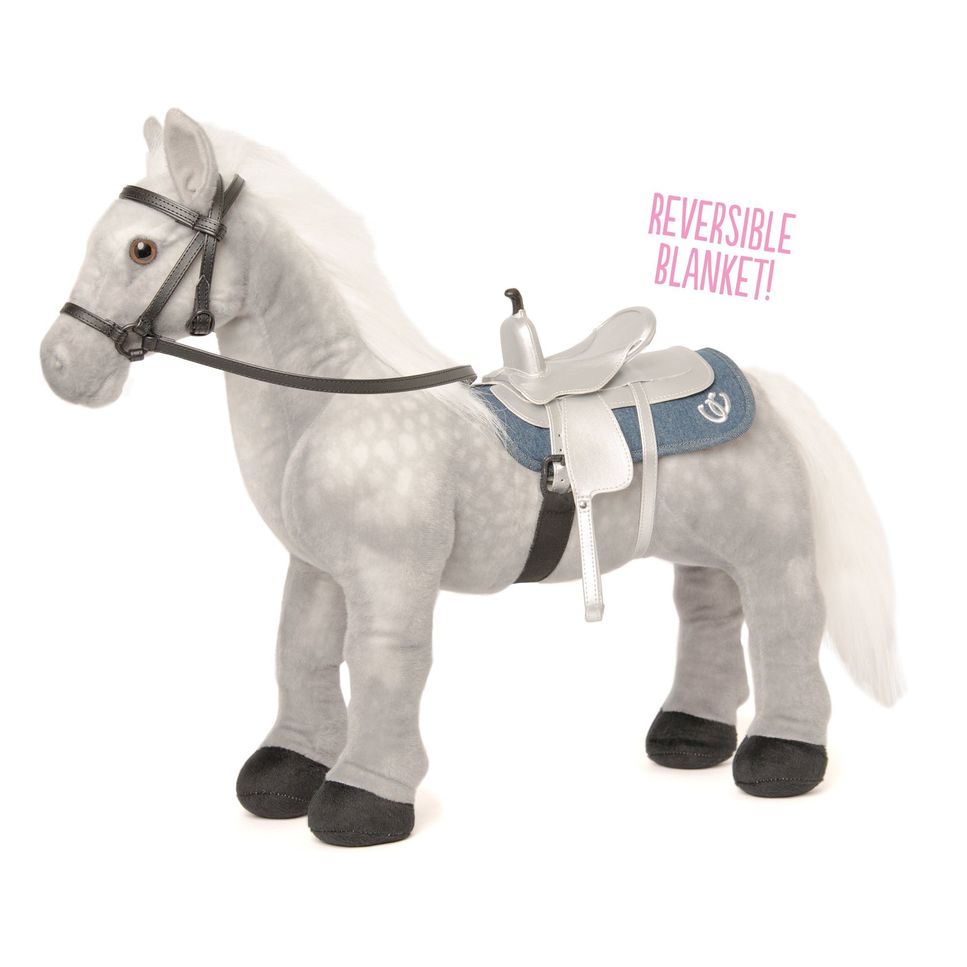 Maplelea Grey Welsh Pony for Maplelea Girl Brianne with silver saddle, reversible pink and denim horse blanket and black bridle. Fits all 18" dolls.