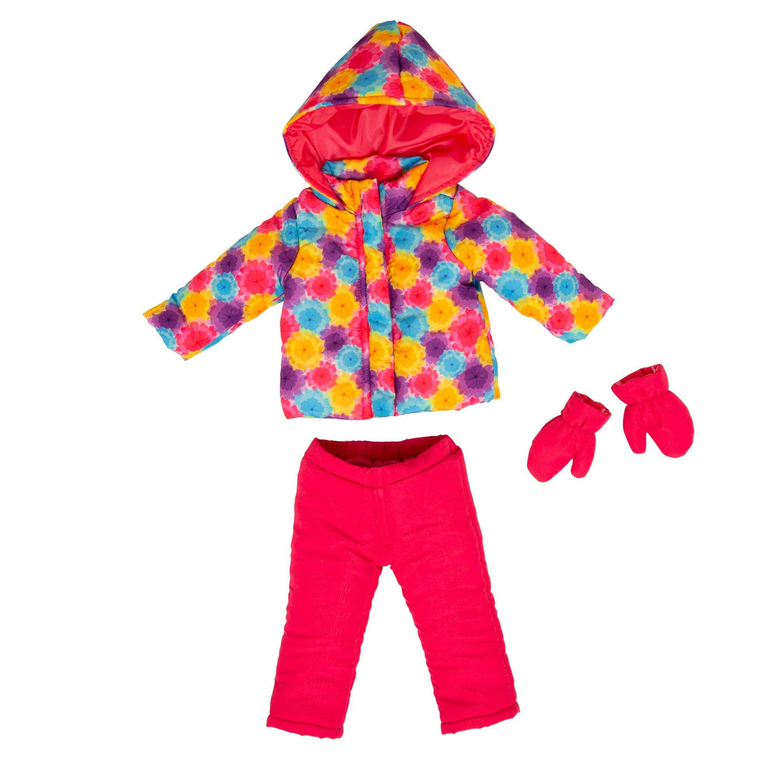 Snowsuit for 18 inch dolls includes ski jacket snow pants, mitts and boots.