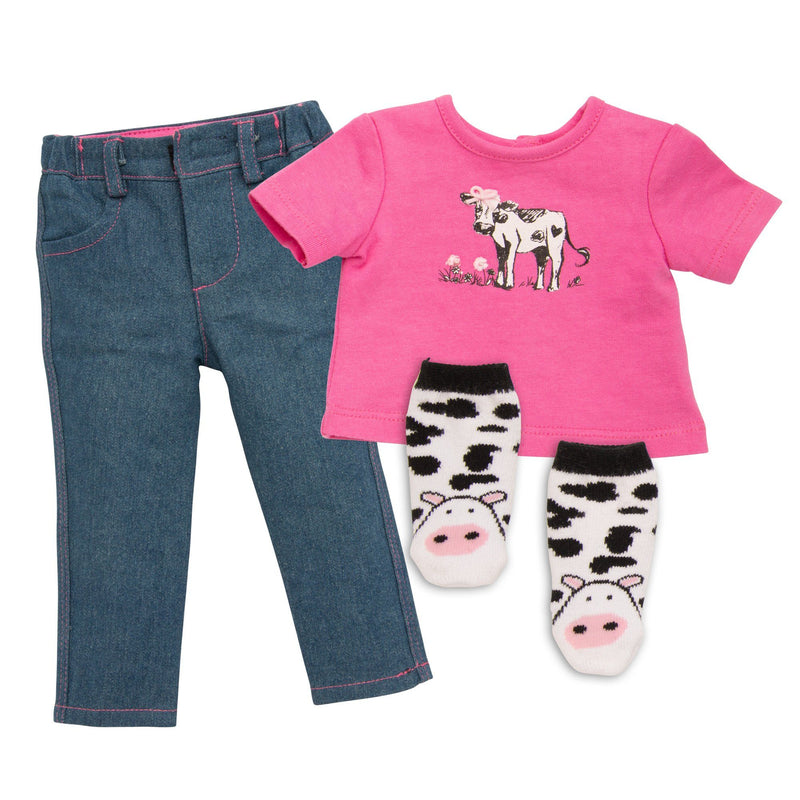 pink t-shirt, jeans and cow-print socks fit all 18" dolls. clear rain boots Maplelea.com