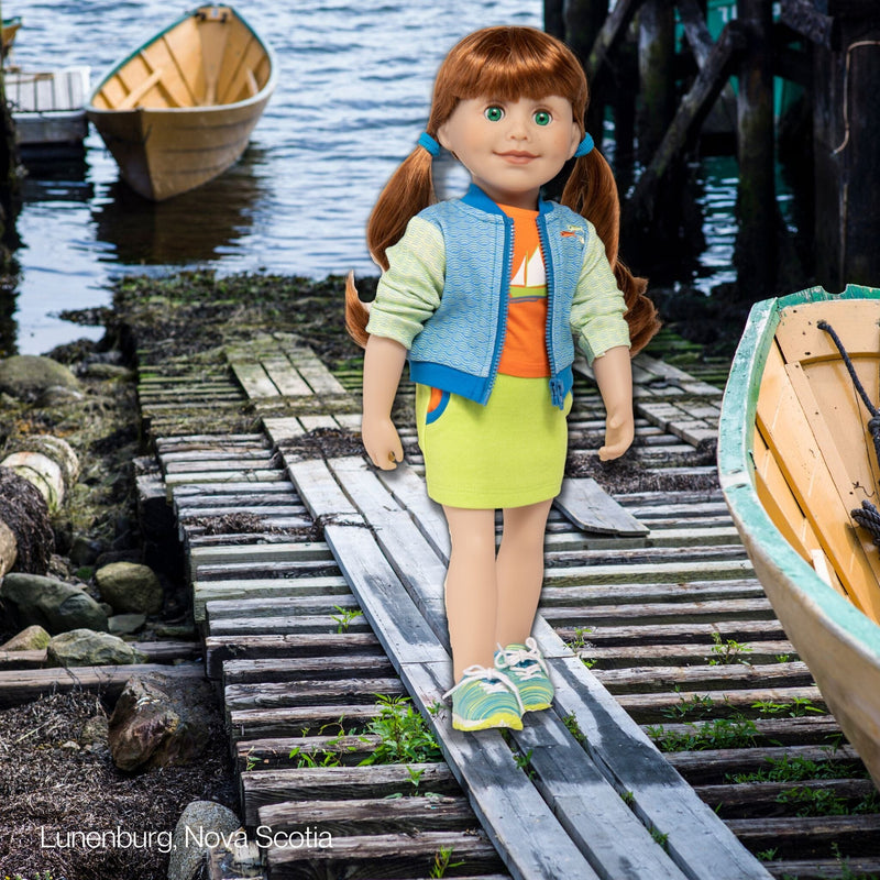 Canadian girl doll wearing a casual sporty outfit with maritime theme.