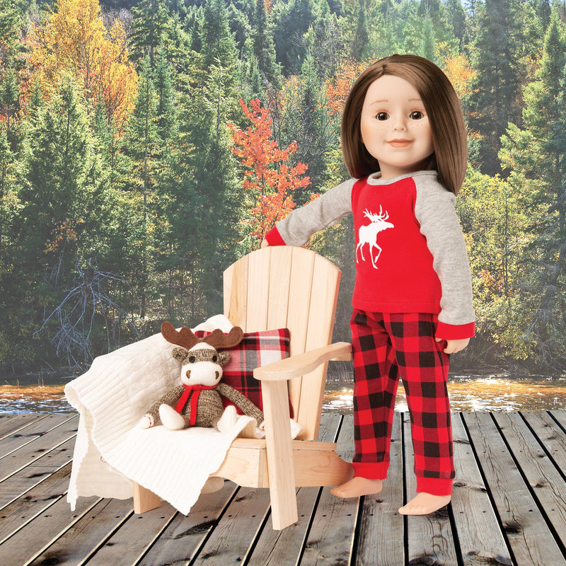 Set includes a soft cable knit blanket, plaid throw pillow and adorable sock monkey moose! 