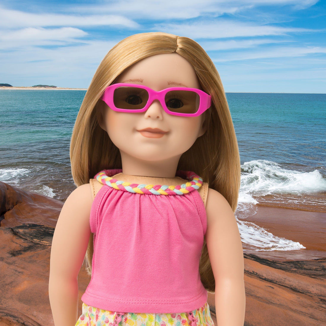 Fuchsia pink sunglasses fit all 18 inch dolls.