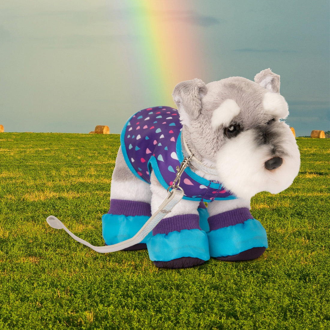 Purple dog rain jacket with raindrops, silver leash, and booties for plush dogs for 18 inch dolls.