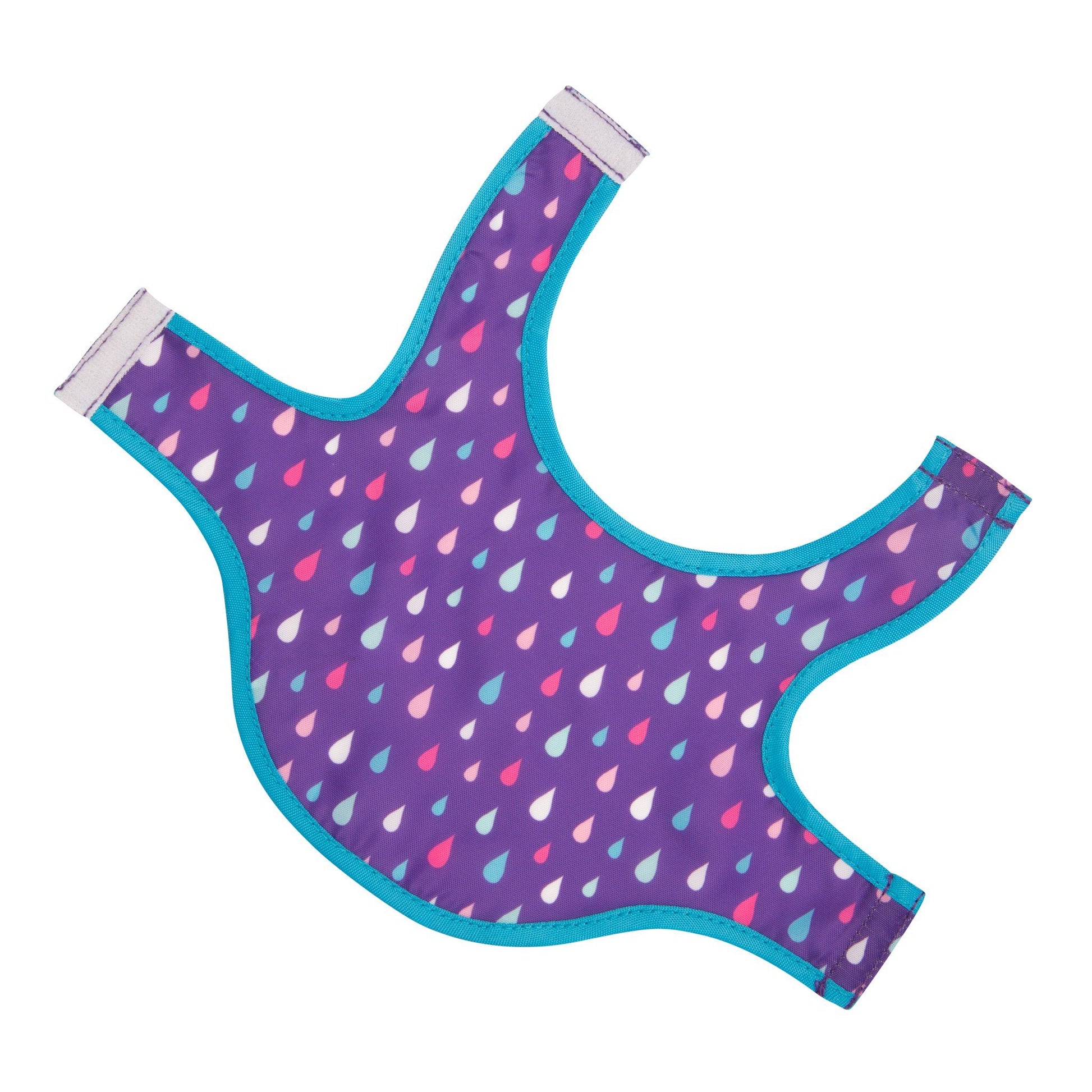 Purple rain jacket for dogs with a raindrop print and blue trim. For 18 inch dolls.