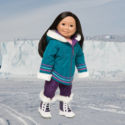 Aputi parka teal and purple snow suit 18 inch dolls, snow pants, winter boots