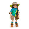 paleontologist outfit and dinosaur set on 18 inch girl doll with canvas bag boots hat shorts t-shirt