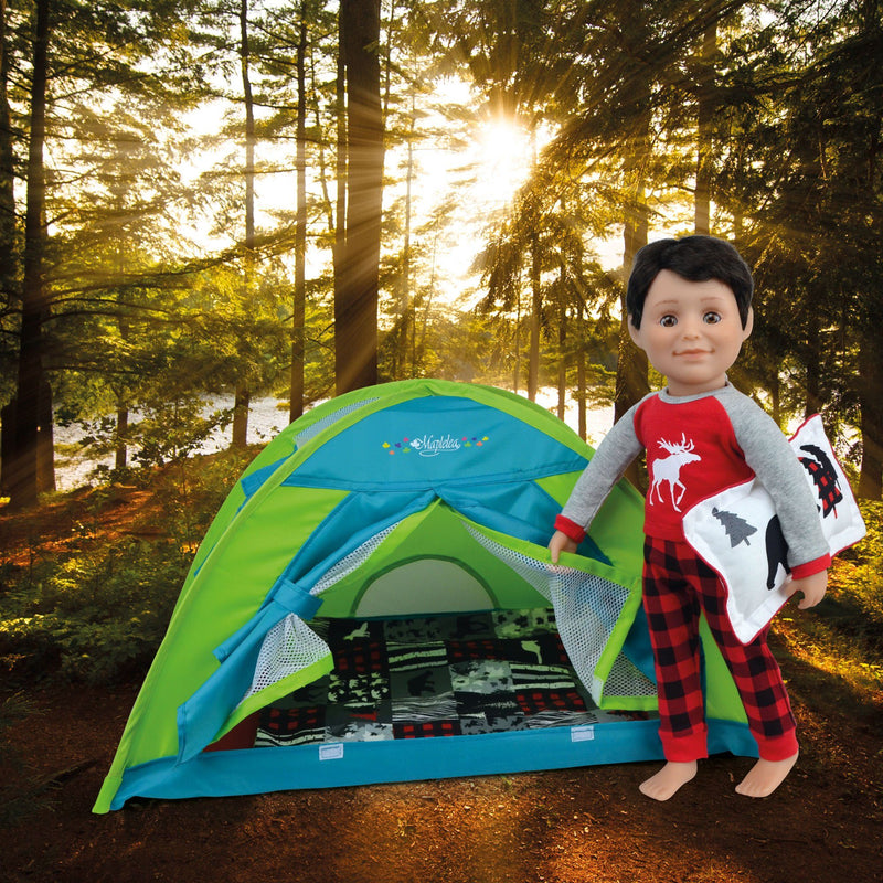 Colorful pop-up tent for 18 inch dolls accommodates all Maplelea Canadian Girl dolls' bedding or sleeping bags.