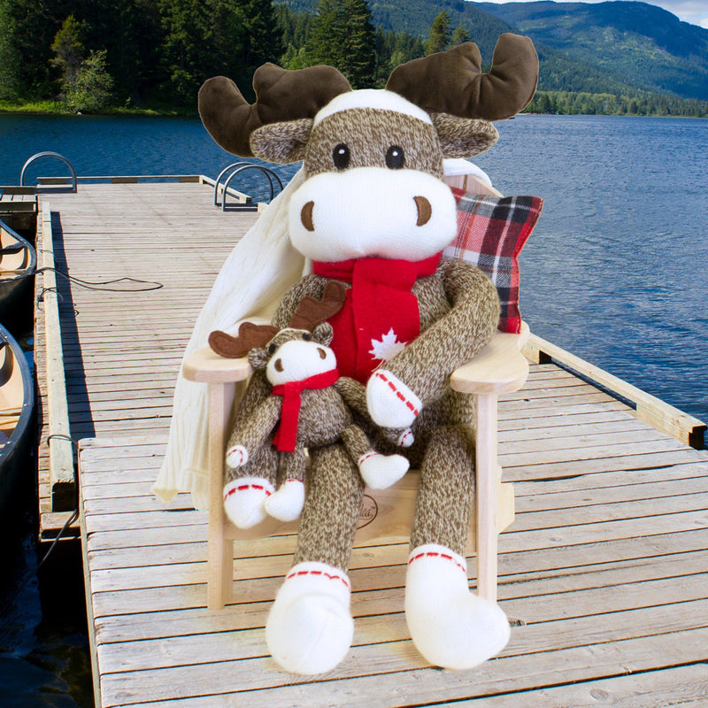 A stuffed sock moose with a Canadian scarf is 18 inches tall.