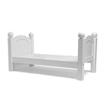 White wooden doll bed for 18 inch dolls. Part of Maplelea's doll furniture collection.