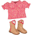 Brianne's starter outfit pink patterned button-up shirt and beige riding boots with red detail.