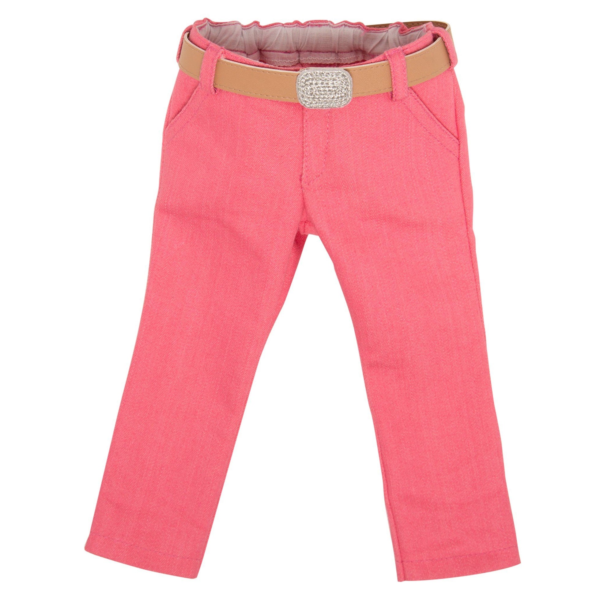 Maplelea 18 inch doll Brianne's starter outfit pink pants with beige belt and sparkly belt buckle.