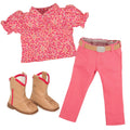 flat of pink patterned button-up shirt, pink pants, beige belt and beige riding boots.