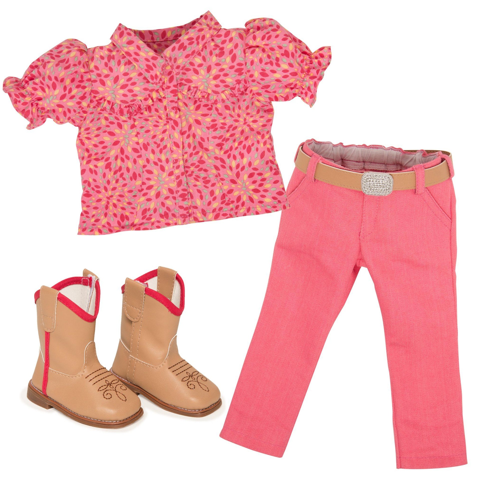 flat of pink patterned button-up shirt, pink pants, beige belt and beige riding boots.