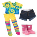 flat image tie-dyed t-shirt, jean shorts, funky tights and pink rain boots.
