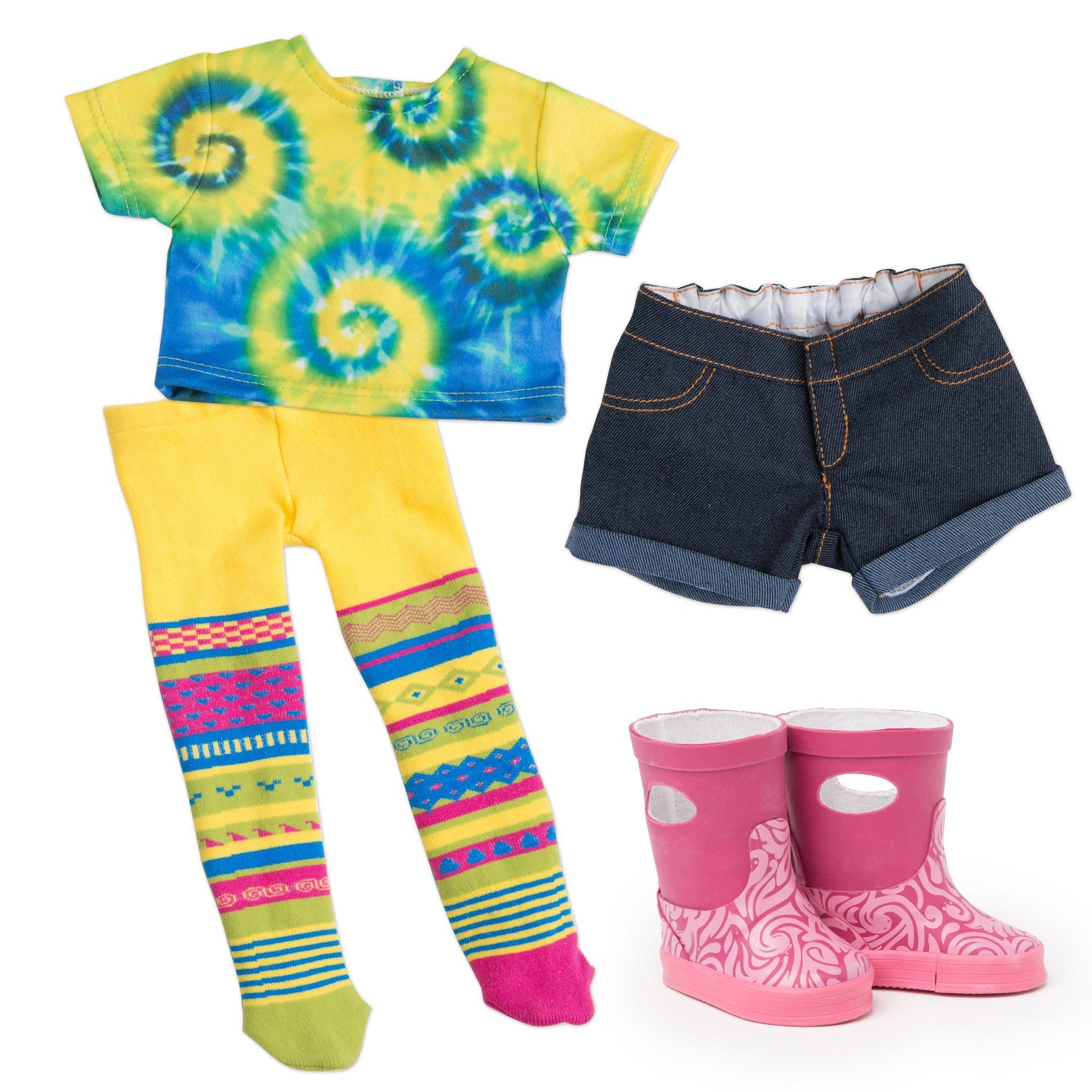 flat image tie-dyed t-shirt, jean shorts, funky tights and pink rain boots.