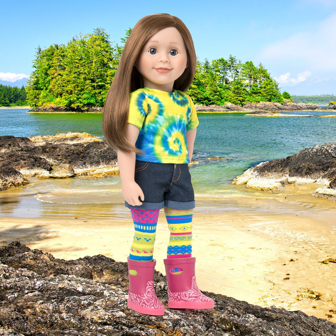 Maplelea 18" doll Charlsea with tie-dyed t-shirt, cut-offs, funky tights, rain boots in BC scene.