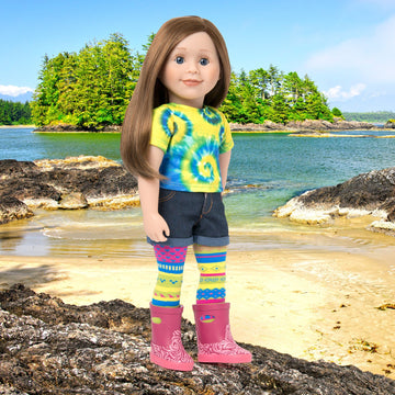Maplelea 18" doll Charlsea with tie-dyed t-shirt, cut-offs, funky tights, rain boots in BC scene.