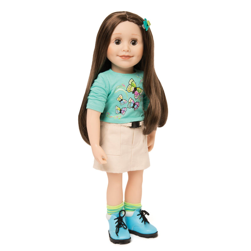 Maplelea 18 inch doll Taryn wearing green butterfly graphic t-shirt, khaki skirt, striped socks and blue hiking boots. Comes with story journal and storage box. 