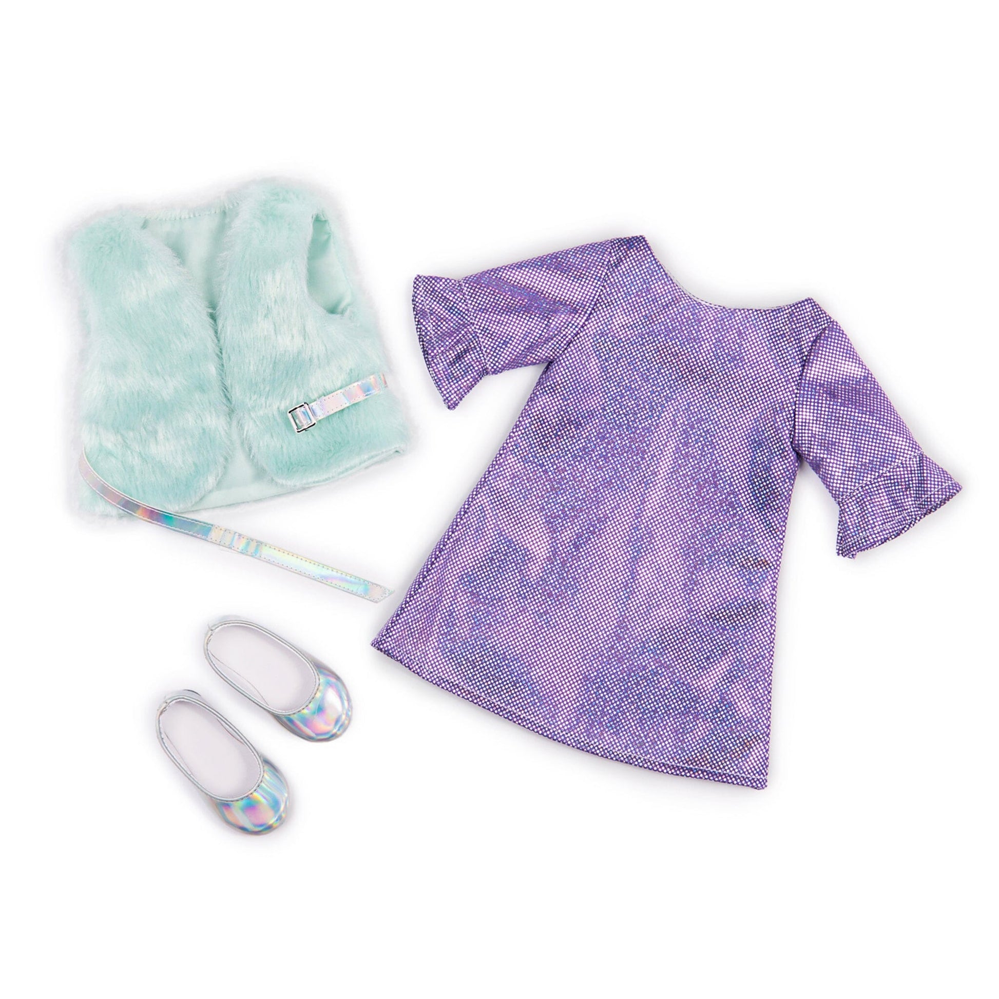 Sparkly purple dress with shimmery fuzzy vest, with iridescent belt and shoes