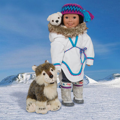 Nukilik and Nanuq plush Husky dogs shown with 18 inch Inuit girl doll in amauti.