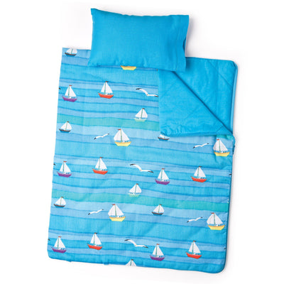 Ocean Waves Bedding comforter/ sleeping bag, blue pillow. For 18 inch  boy dolls and girl dolls.