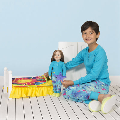 Sea Otter Sleepwear 2-piece blue pyjamas long-sleeved blue top with button henley, colourful sea otter print PJ pants in varying sizes for girls.