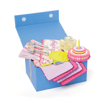 placemats, napkins, napkin rings, plates, forks, drinks. cake and topper, server, cake stand, banner