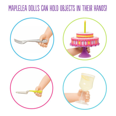 Maplelea dolls can hold objects in their hands like the fork, server, drink and cake stand.