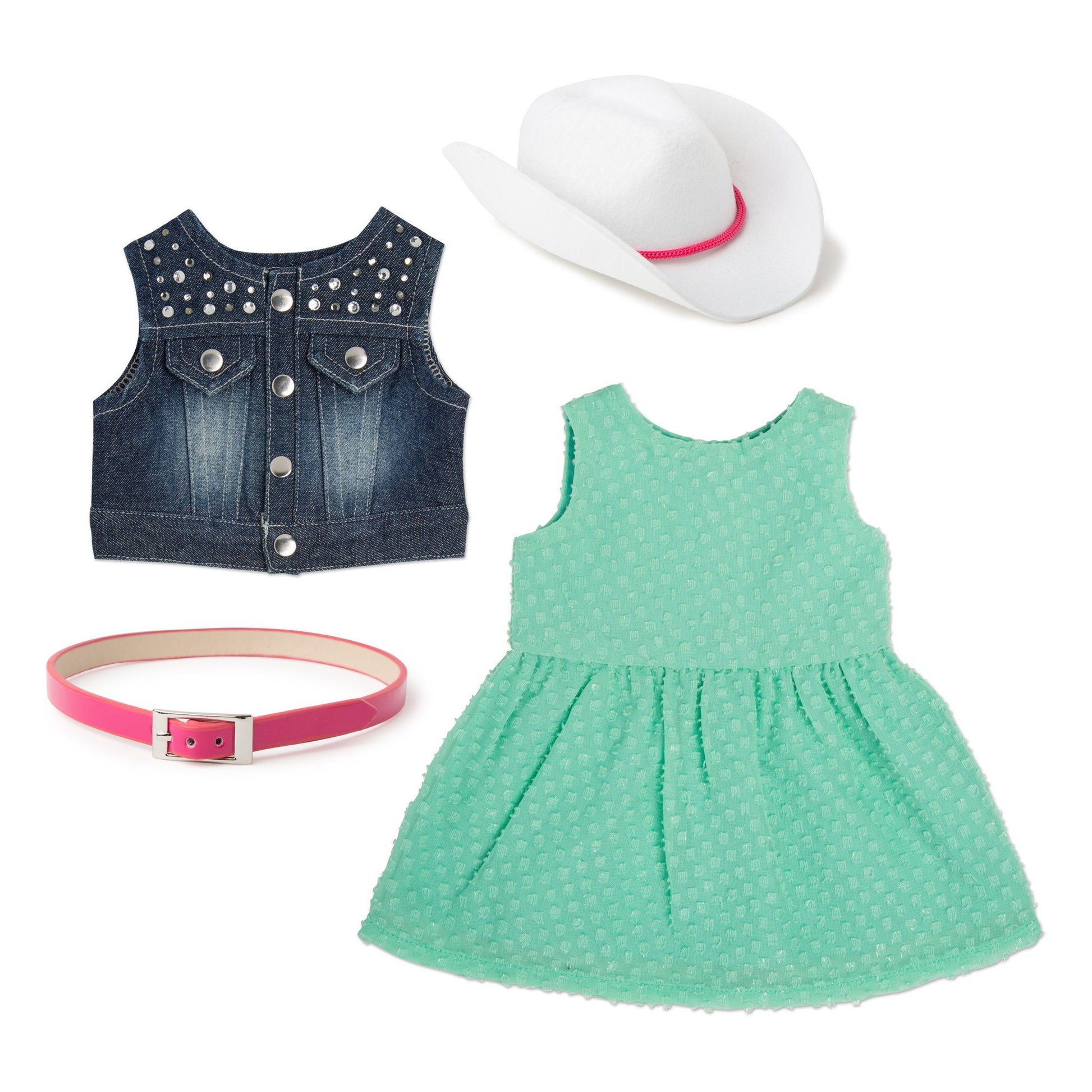 mint green sundress, denim studded vest, pink shiny belt, white cowboy hat with pink trim