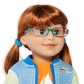 Strawberry blonde Maplelea Canadian Girl doll wearing pink aqua eyeglasses.