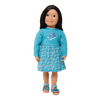 18-inch doll sandals worn by Maplelea doll dressed in co-ordinating teal and aqua dress