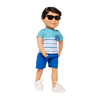 18" boy doll in t-shirt shorts and sunglasses wearing classic white tennis style runners