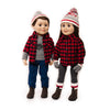 Boy doll and girl doll dressed in their Canadian outfits wearing brown slip-on boots.